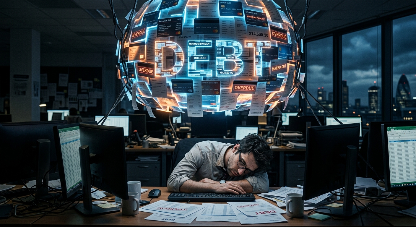 A sleek modern bank vault where the bars are made of glowing red numbers showing a declining credit score