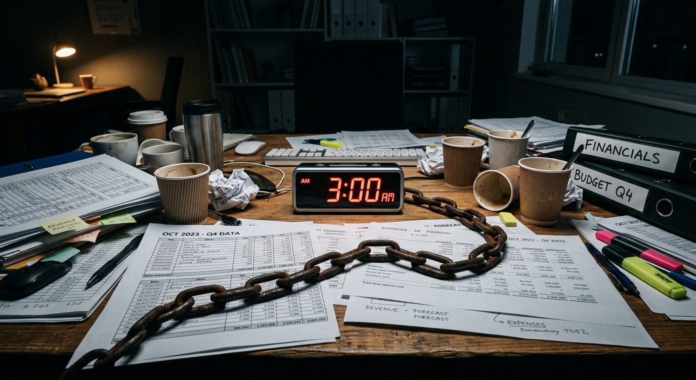 Photorealistic hourglass filled with miniature corporate workers