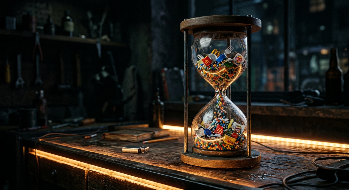 An hourglass filled with plastic beads and fast food wrappers instead of sand