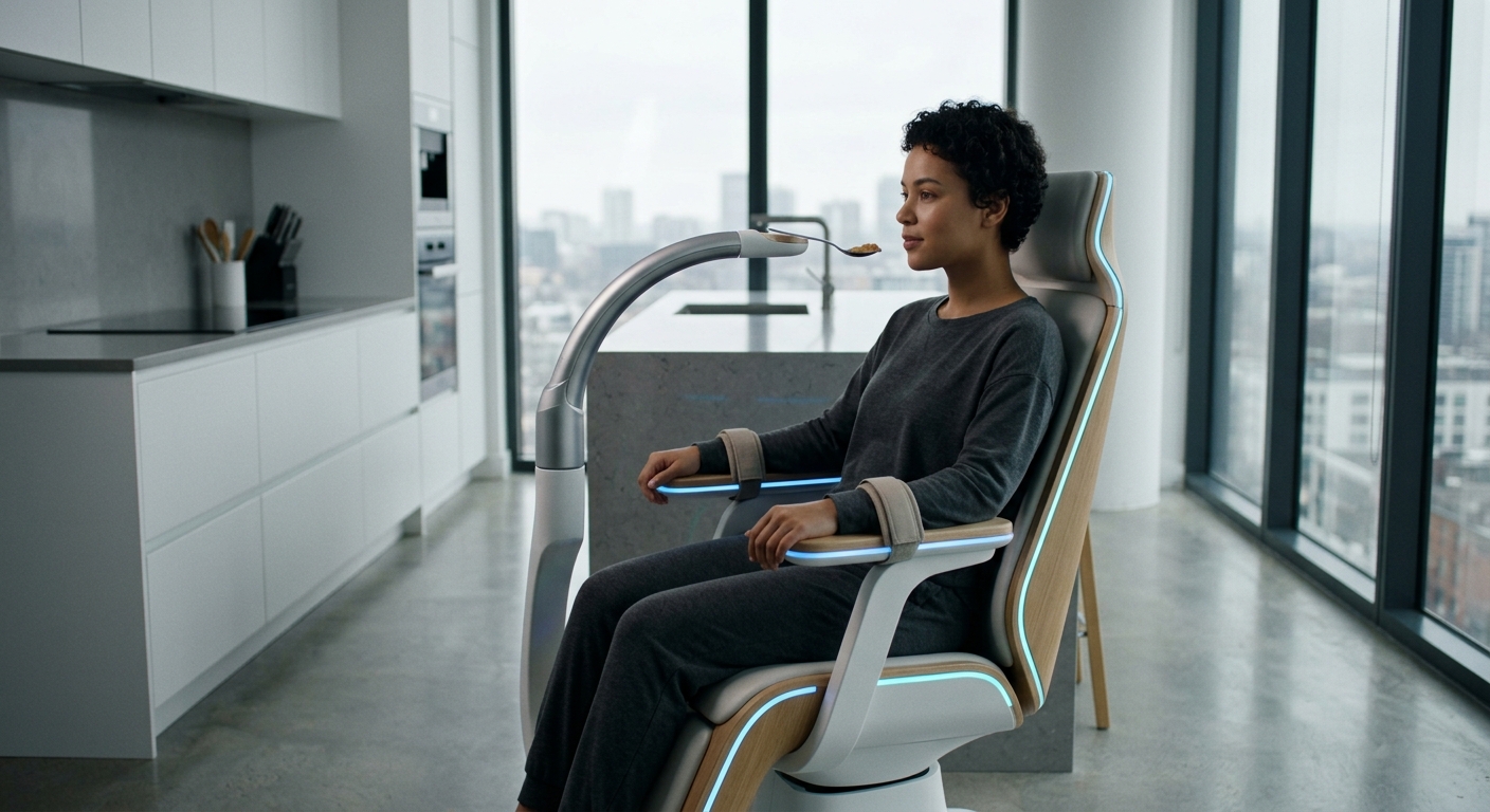 A person strapped into a sleek, glowing automated feeding chair