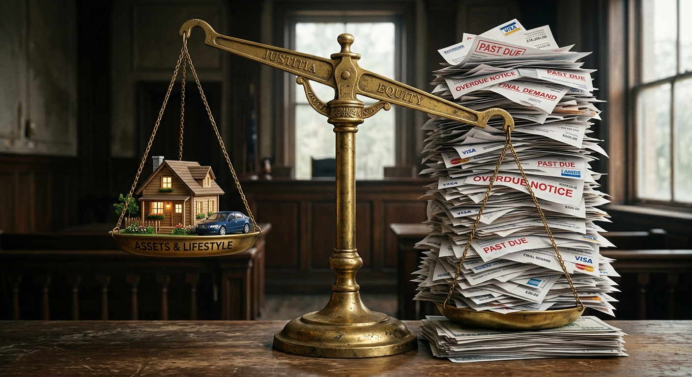 Photorealistic conceptual photography of a golden scale outweighed by past-due bills