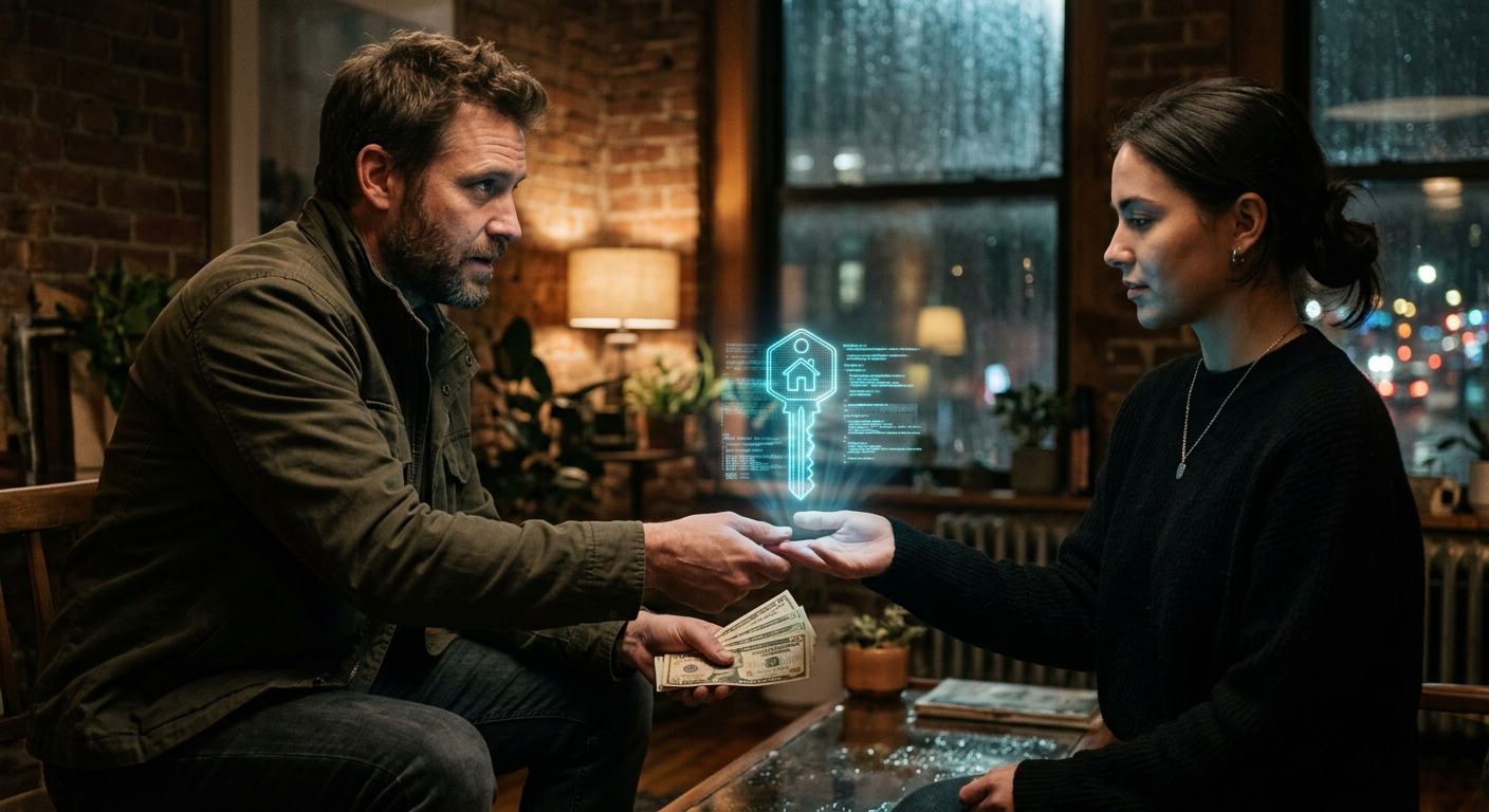 A person handing over cash for a transparent, glowing digital house key