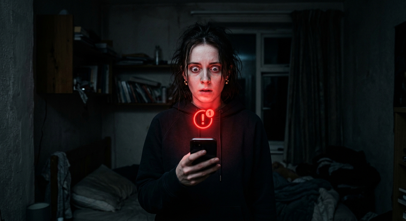 A person reaching desperately for a glowing smartphone emitting a high-frequency visual wave in the dark