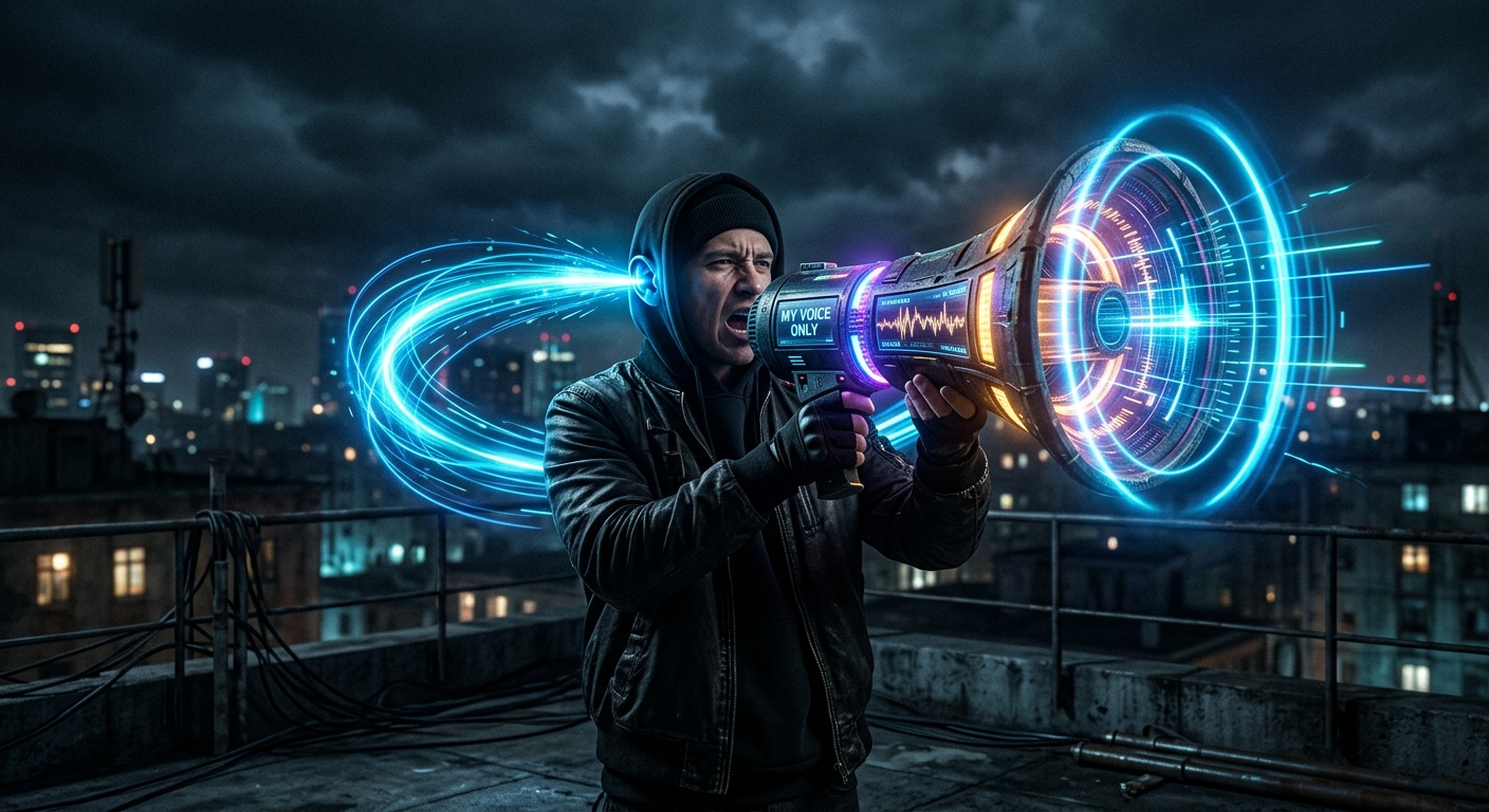 A person wearing a virtual reality headset that projects a glowing fake crowd cheering only for them