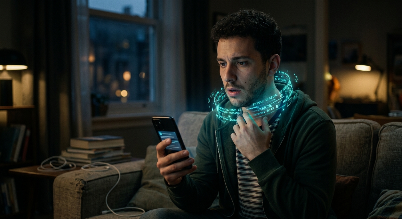 An invisible collar made of glowing digital symbols tightening around a person's neck
