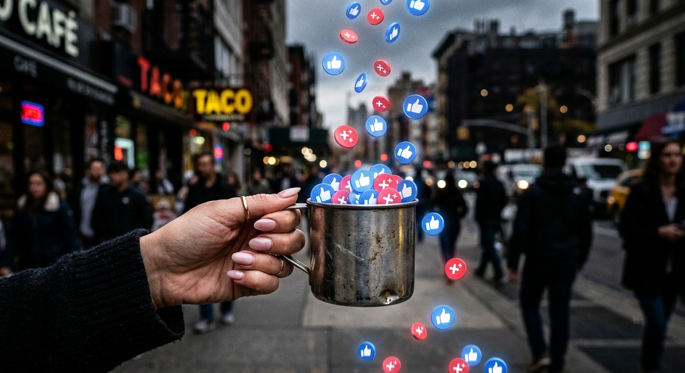 Photorealistic conceptual image of a manicured hand begging for digital Likes