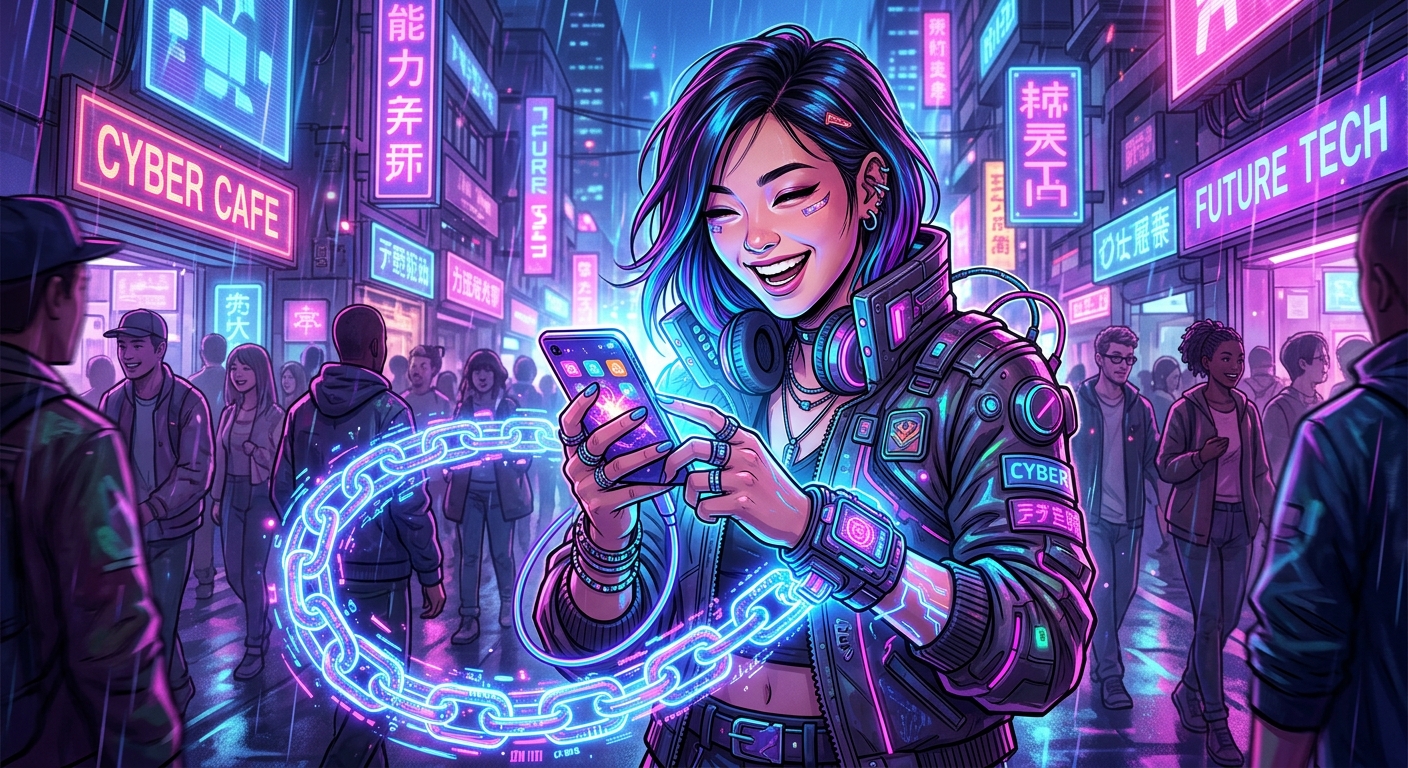 A person with a glowing charging cable chained to their wrist