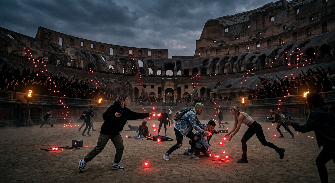 Photorealistic wide shot of an ancient Roman colosseum filled with influencers fighting for likes