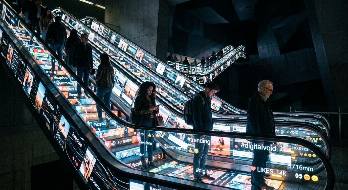 An escalator made entirely of glowing digital feeds and social media posts leading nowhere