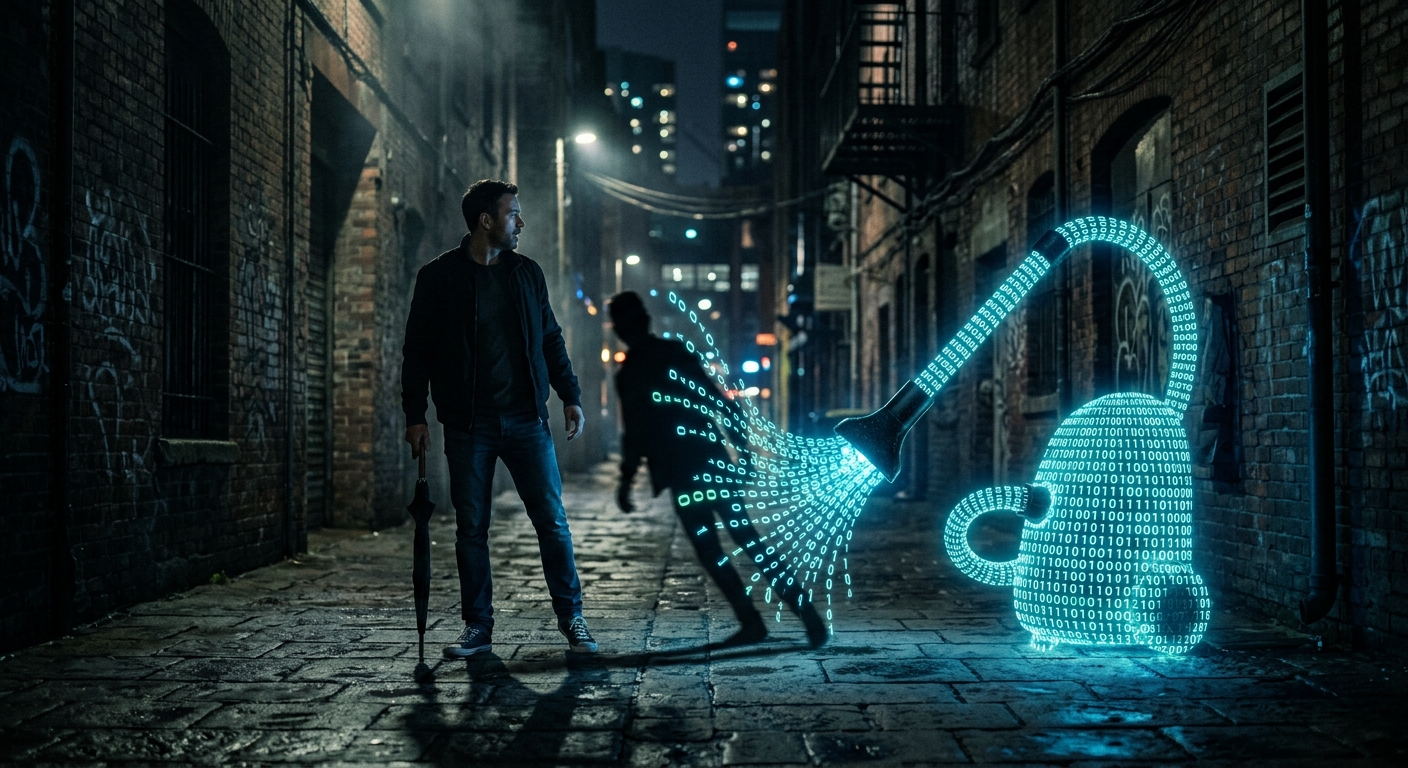 A person looking exhausted while scrolling on their phone, completely oblivious to glowing data streams leaking from their fingertips