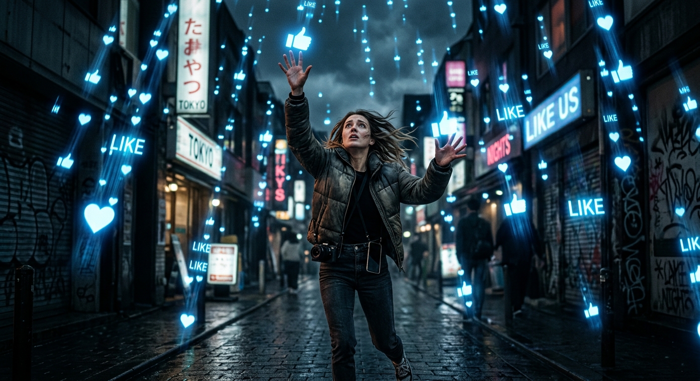 An influencer desperately trying to catch glowing digital like symbols falling from the sky like breadcrumbs