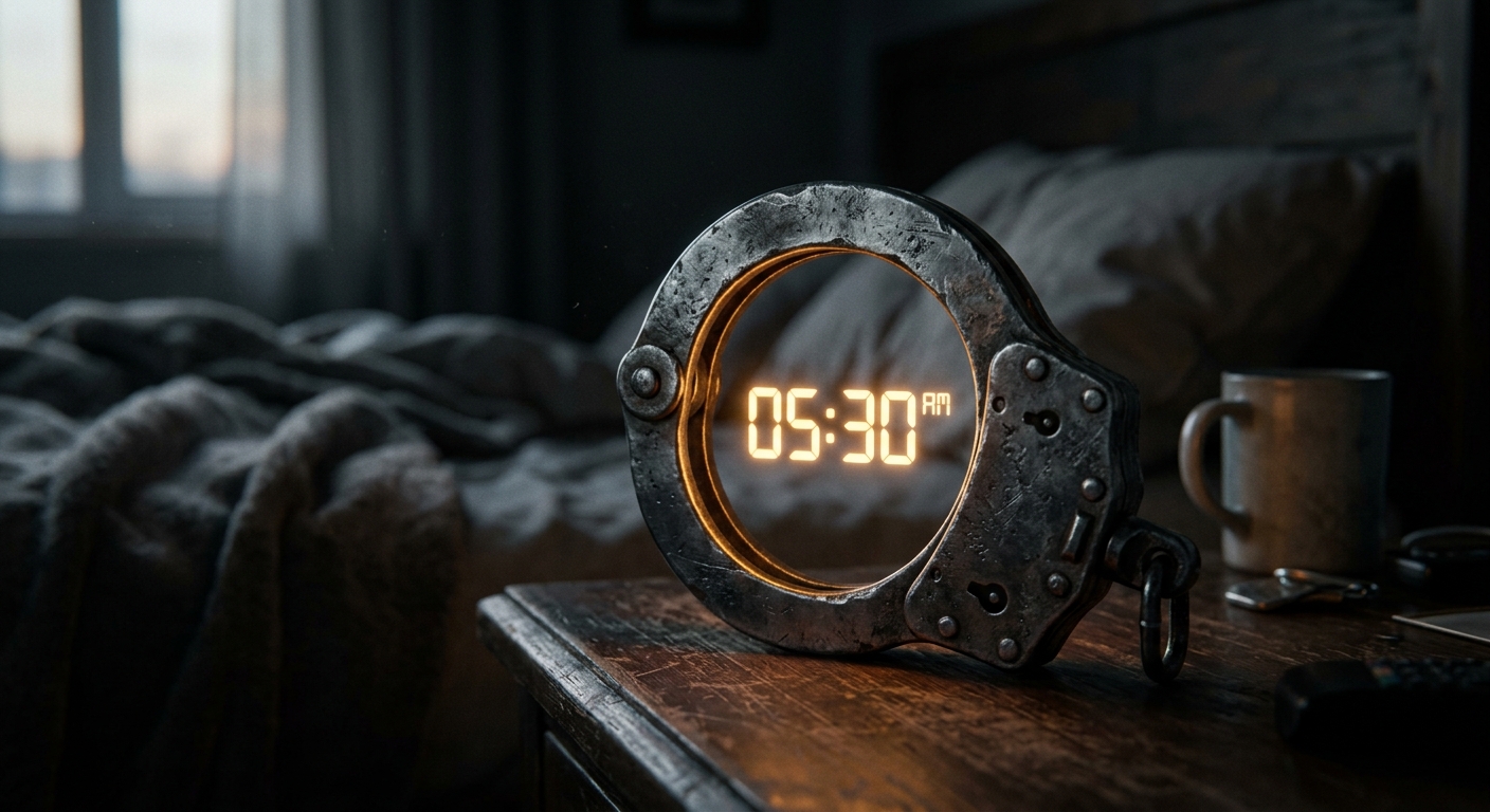 An alarm clock shaped like a glowing steel shackle