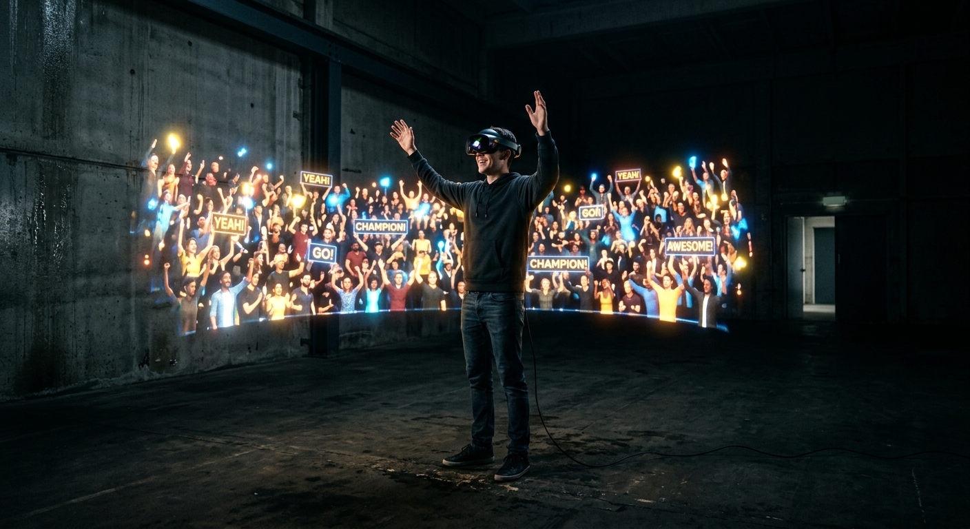 A giant glowing digital megaphone held by a person, but the sound waves are bending backward to only enter their own ears