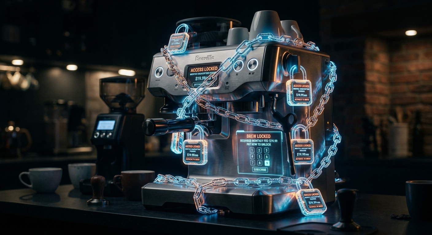 A sleek coffee machine wrapped in glowing digital padlocks demanding a monthly subscription fee