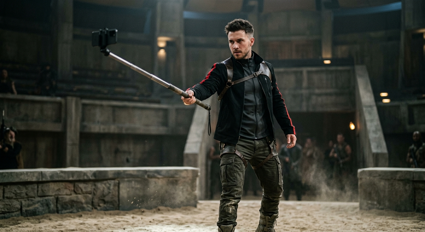 A modern gladiator wearing designer clothes holding a selfie stick as a weapon in a dark arena