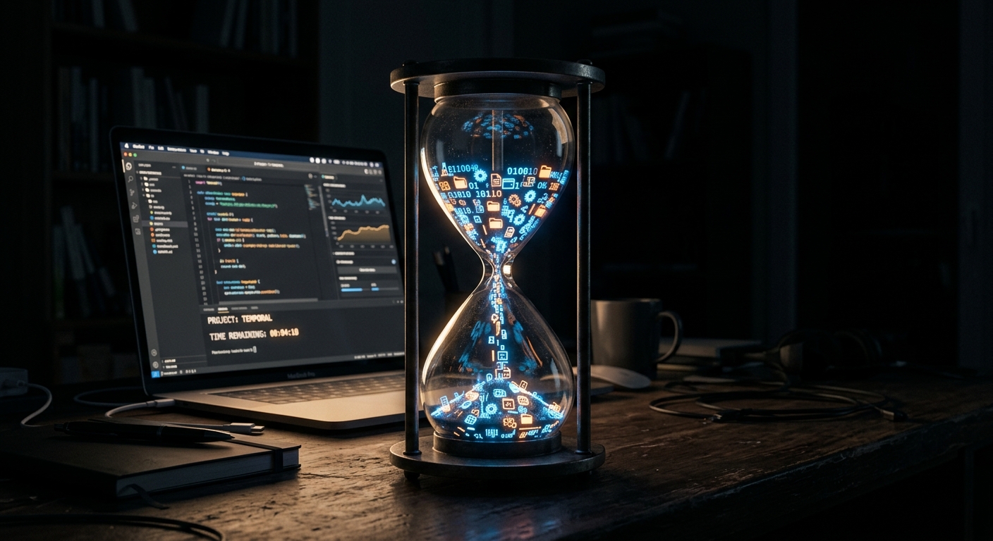 An hourglass filled with glowing digital icons instead of sand