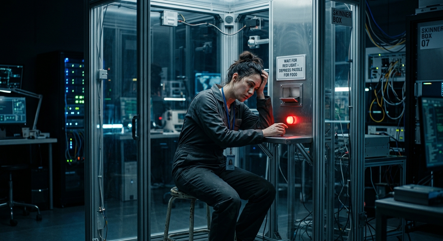 A high-tech laboratory where an exhausted person is sitting inside a giant glass Skinner box