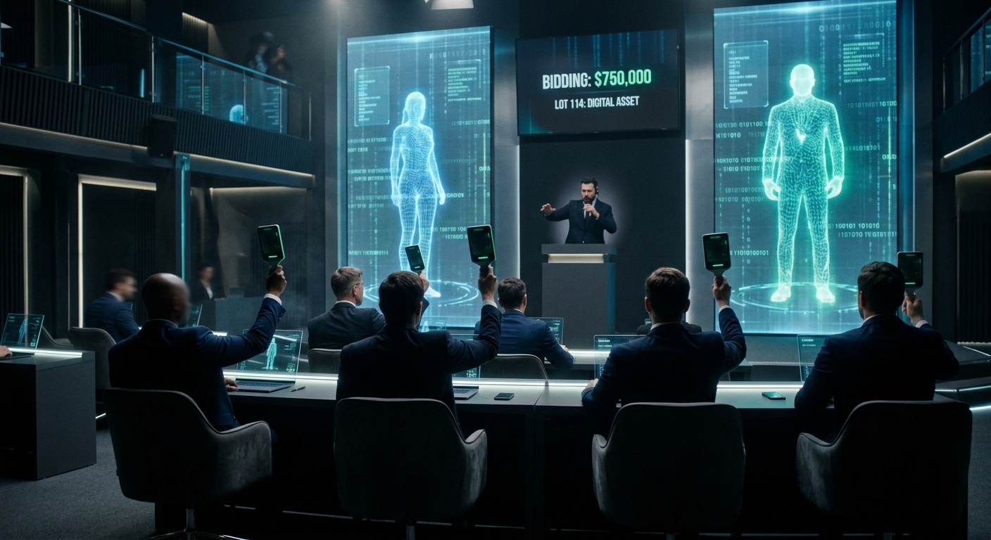 A modern high-tech auction house where glowing digital silhouettes of people are being bid on