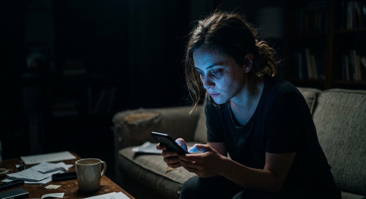 A person looking exhausted while endlessly scrolling on a smartphone in a dark room