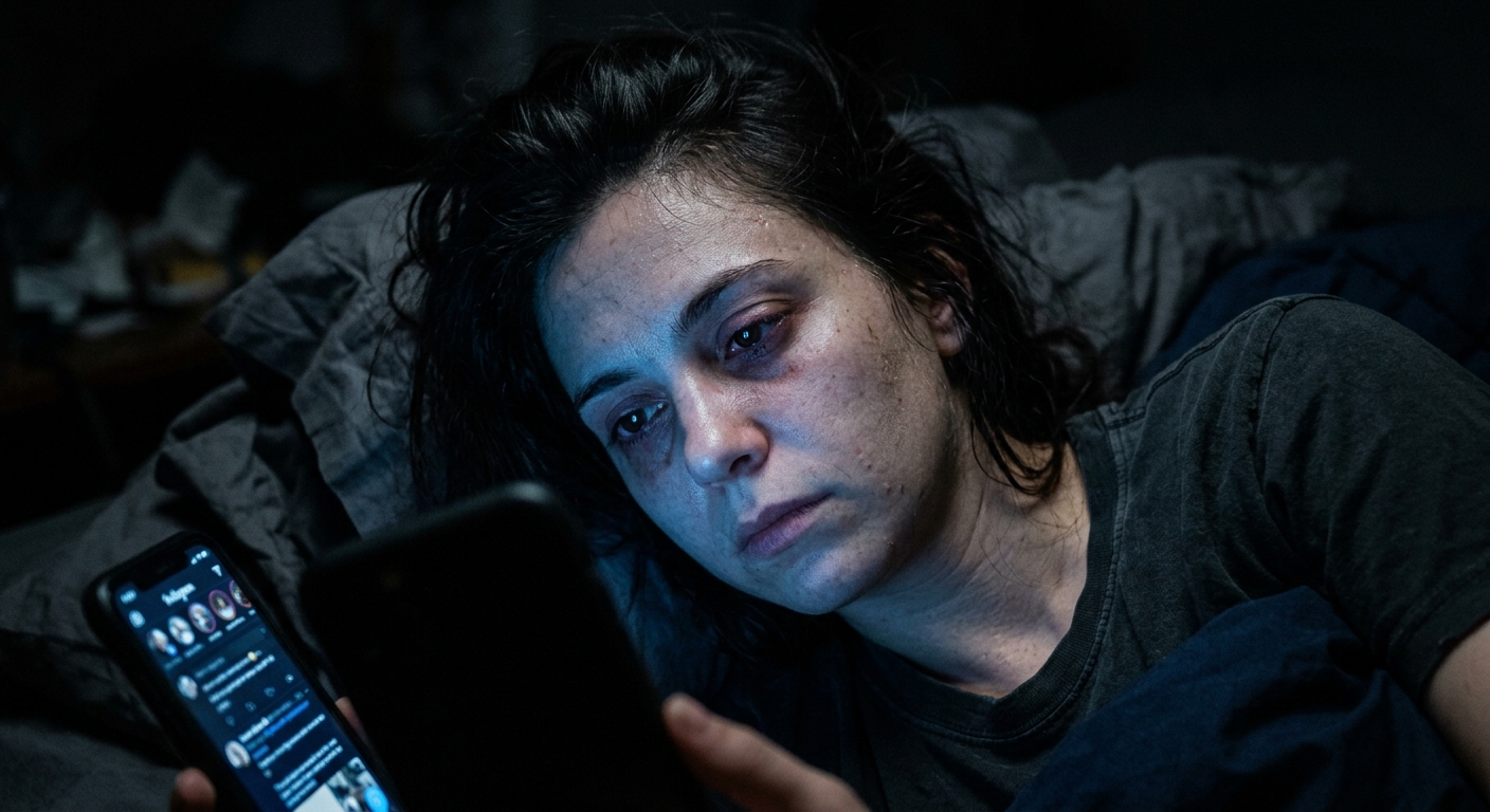Photorealistic image of a human hand chained to a smartphone